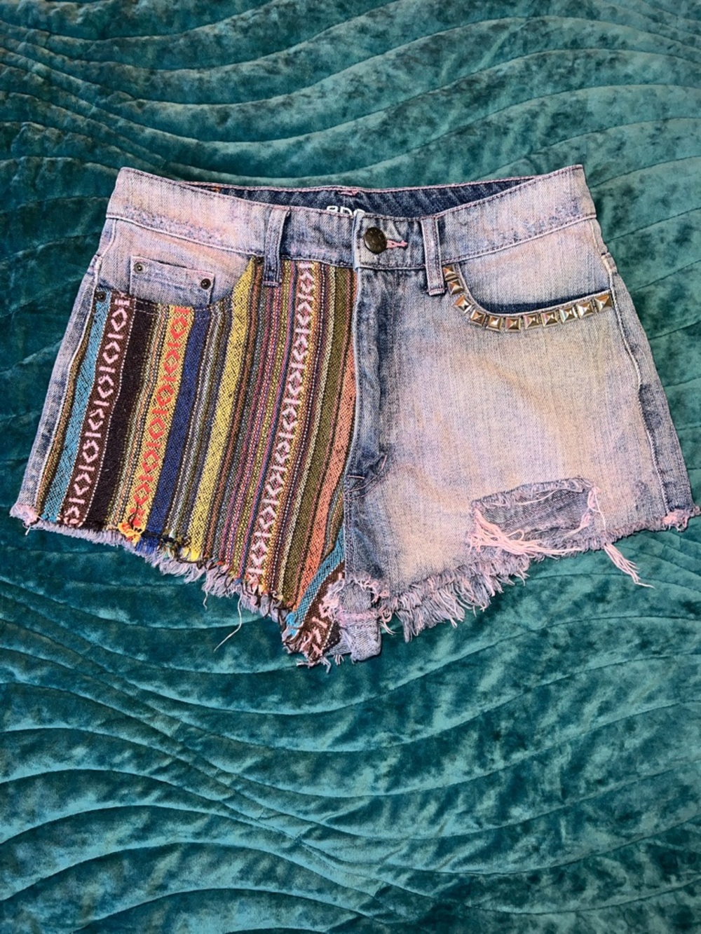 BDG Dree High Rise Cheeky boho colorful distressed denim shorts 27